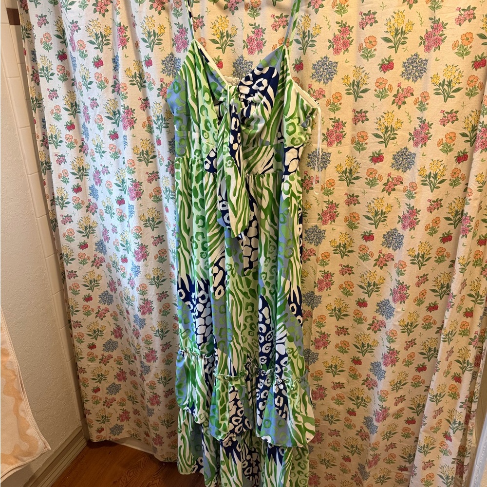 Fashion Nova Lime Green and Navy Blue Printed Maxi Dress